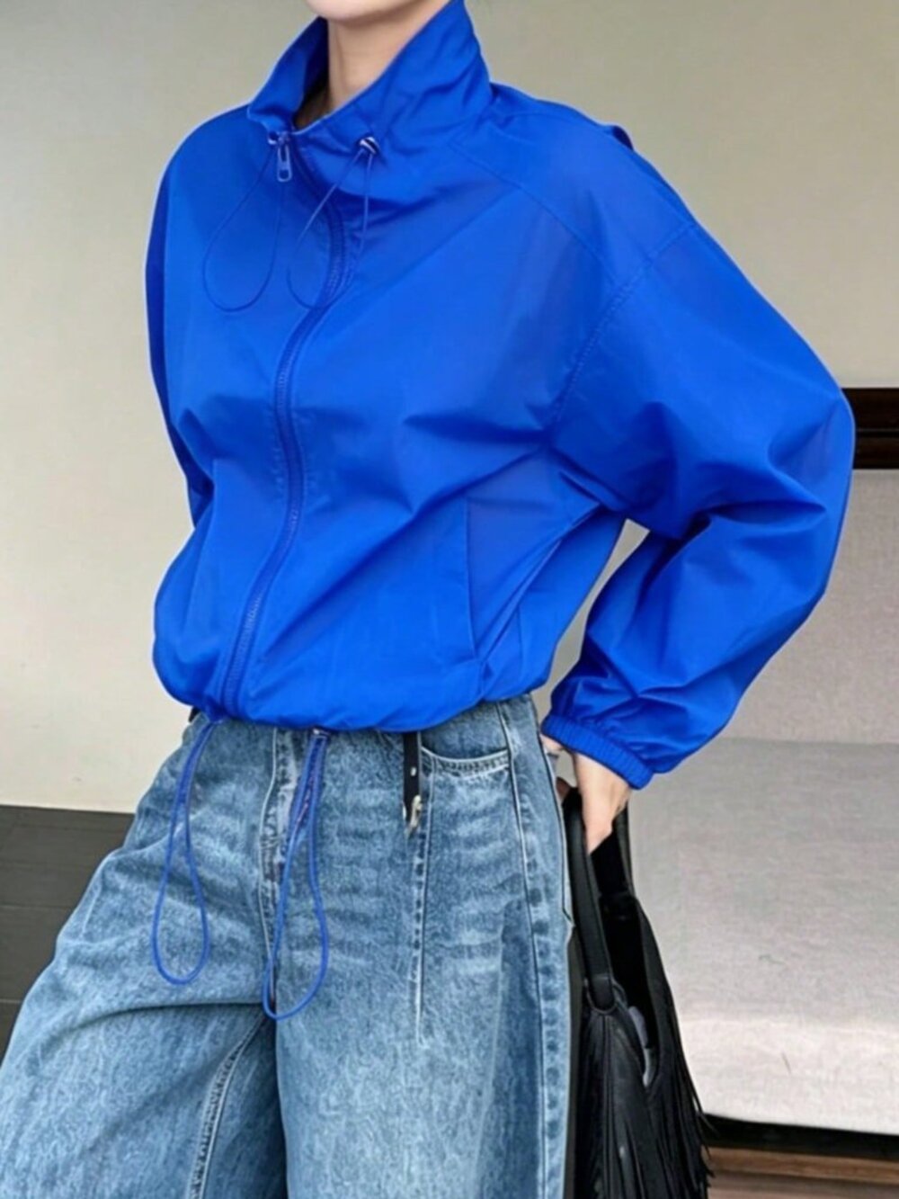 Blue Casual Women's Loose Fit Funnel Neck Zip Pocket Short Jacket - Picture 4 of 7